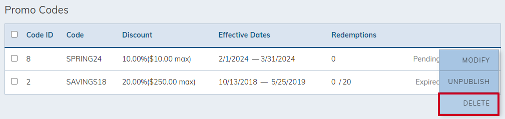 actions menu with delete selected.