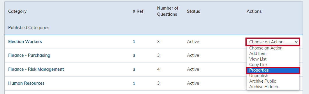 Properties option in drop-down.