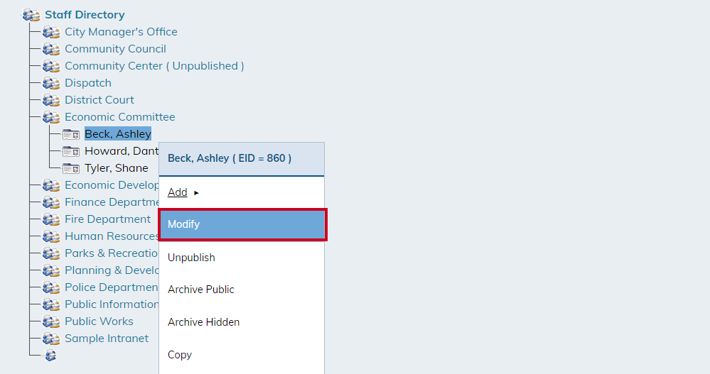 The Modify action in the staff member's entry allows updates and changes to be made to the entry.