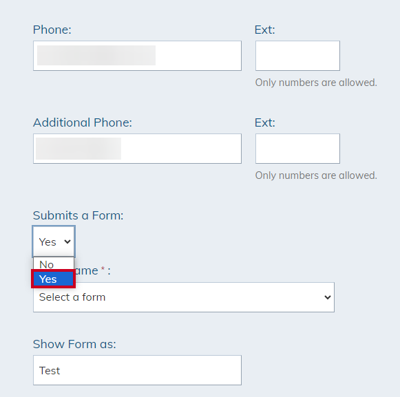 When enabled, the Submits a Form option adds the form's link to the front-end view of the staff member's entry.