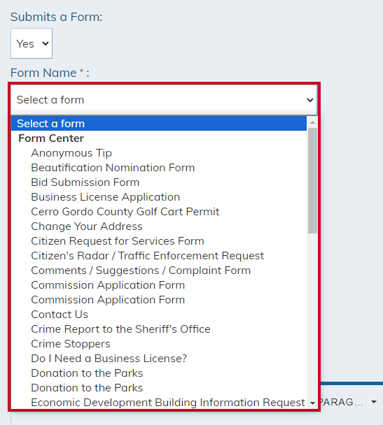 A list of a website's published forms.