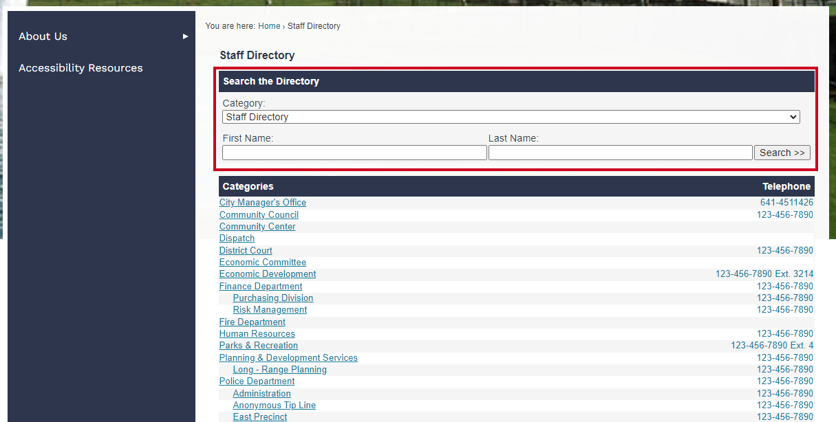 The Staff Directory search filters allow you to narrow the search for the staff member in the directory.