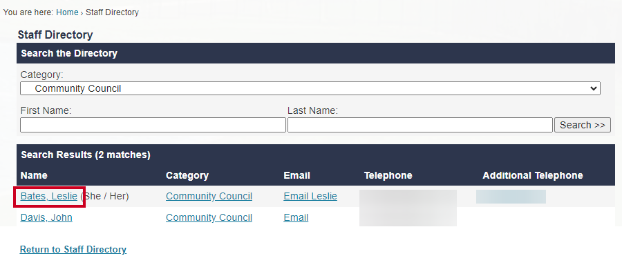 A staff member's name in a list of the department's employees.