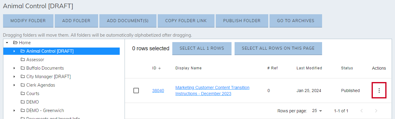 The three-dot Actions menu for a document.