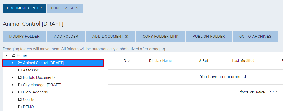 A list of folders in the Document Center module.