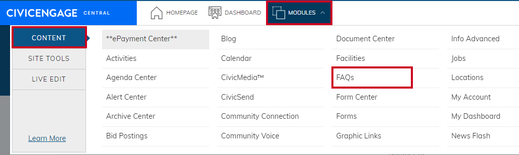 Web Central Modules menu with FAQs selected.