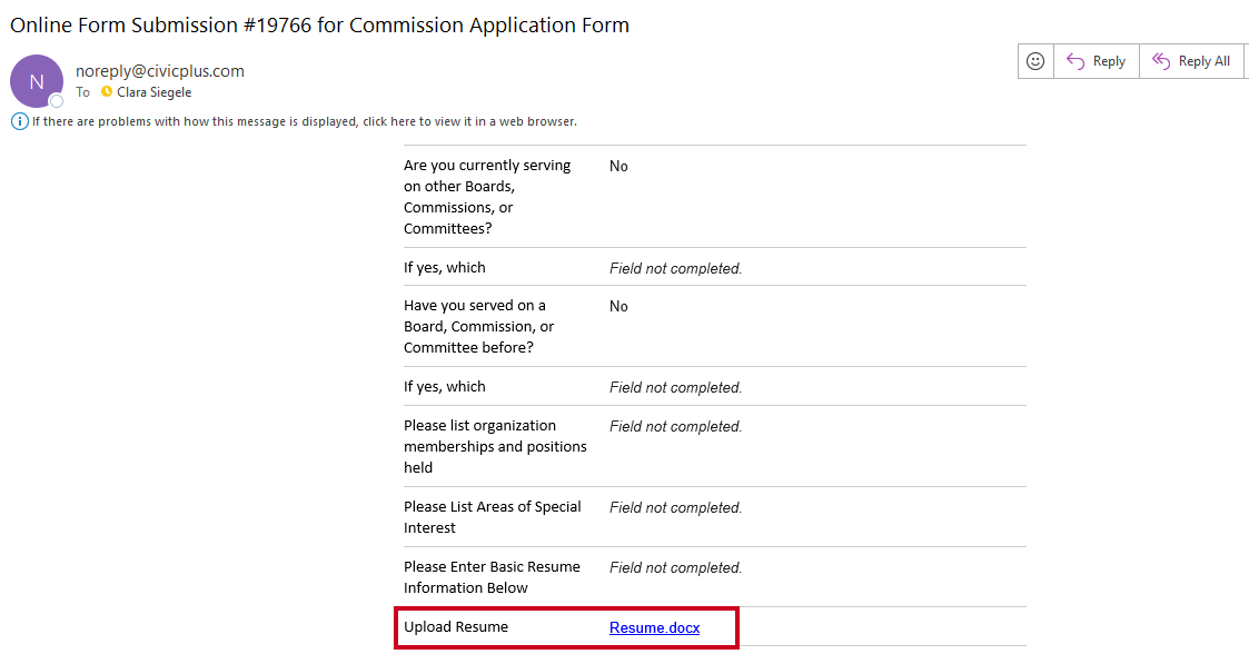 Email example with download link for attachment.