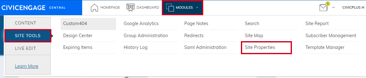 Site Tools tab with Site Properties selected.