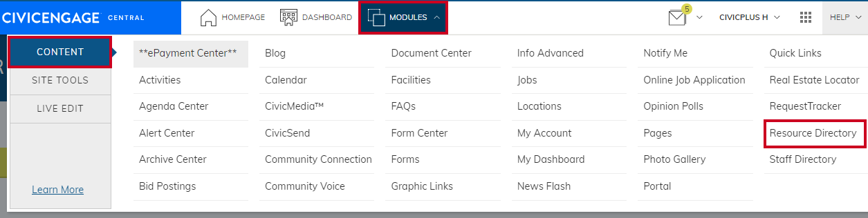 Modules menu with Resource Directory selected.