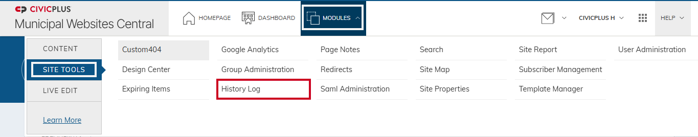 The History Log can be found on the list of Web Central's site tool modules.
