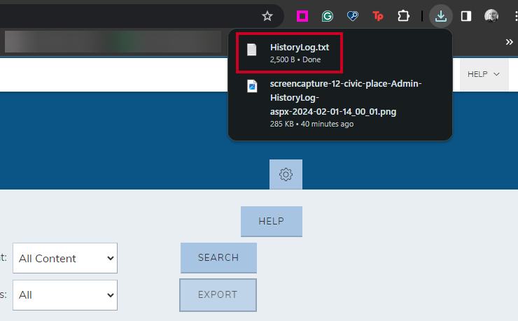 The History Log's download file in the Google Chrome download queue.