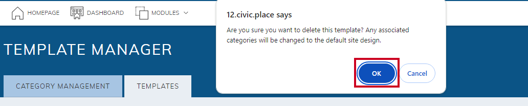 Ok button to confirm deletion.
