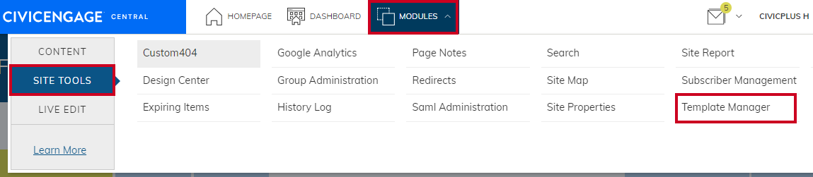 Site Tools menu with Template Manager selected.