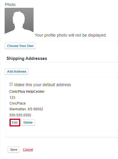The Edit button allows you to make updates to your Shipping Address.