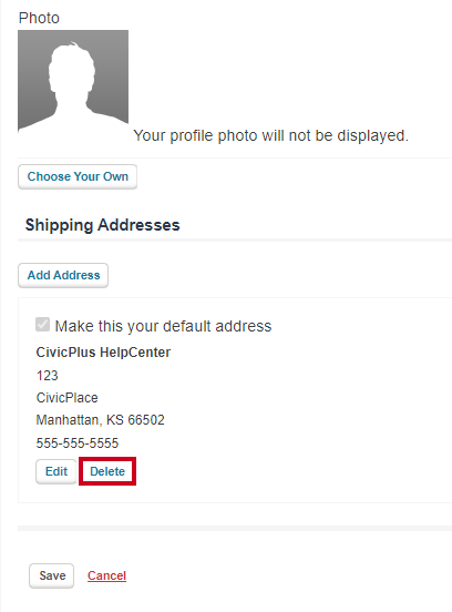 Located below an address, the Delete button lets the user remove an address from their Shipping Addresses.