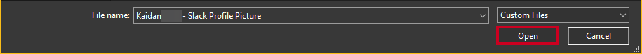 The file explorer's Open button uploads the image to your profile.