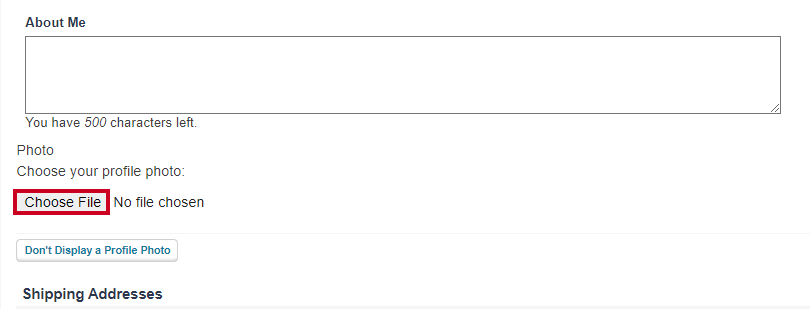 The Choose File button lets you pick an image from your computer to use as your Profile Picture.