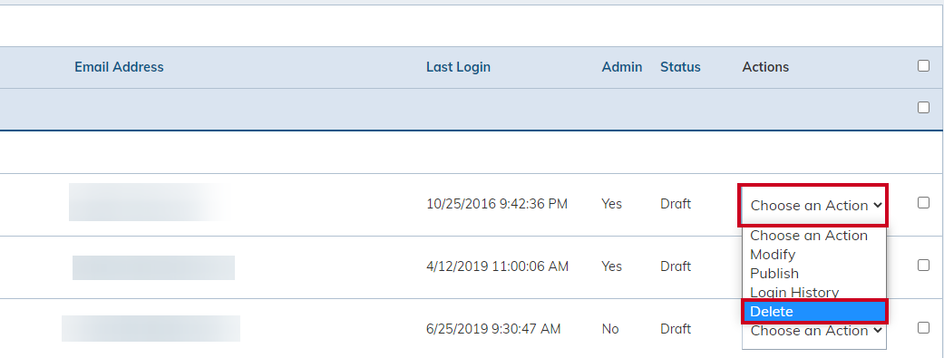 delete user option.