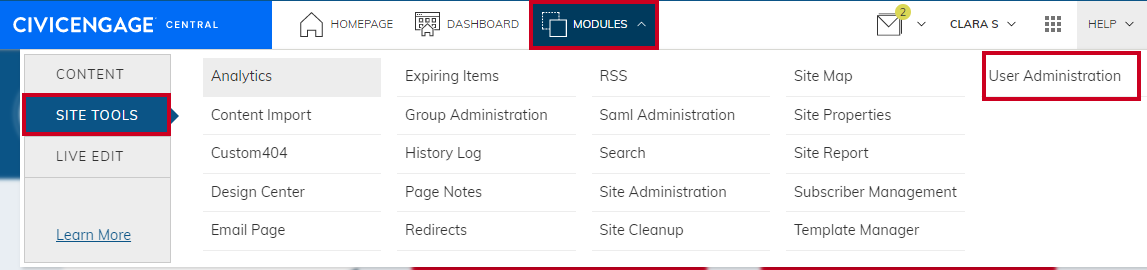 Web Central modules site tools user admin menu.