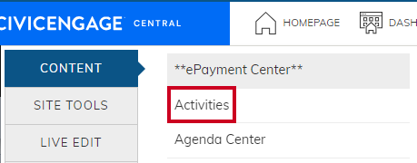 Web Central Modules Content Tab Activities Option.