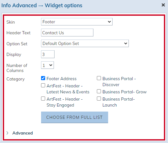 The Info Advanced widget's options in a pop-up window.