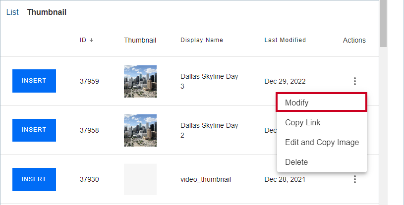 The Modify action allows you to make changes to the image's information.