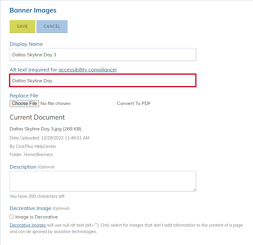 The Banner Image's alt text field.