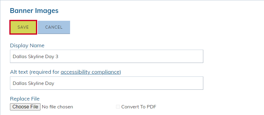 The Banner Image's Save button.