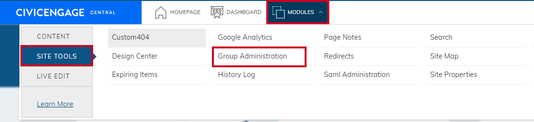Modules menu with Group Administration selected.