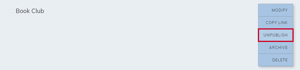 The category actions menu's unpublish option.
