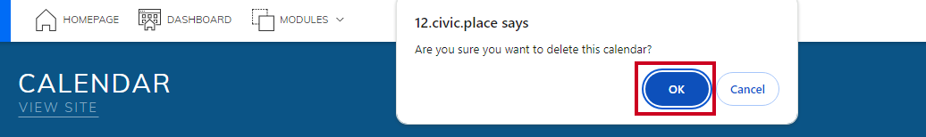 The okay button on the delete confirmation pop-up message.