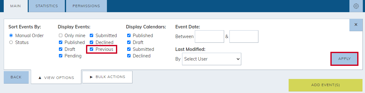 Display Previous events checkbox and the apply button.