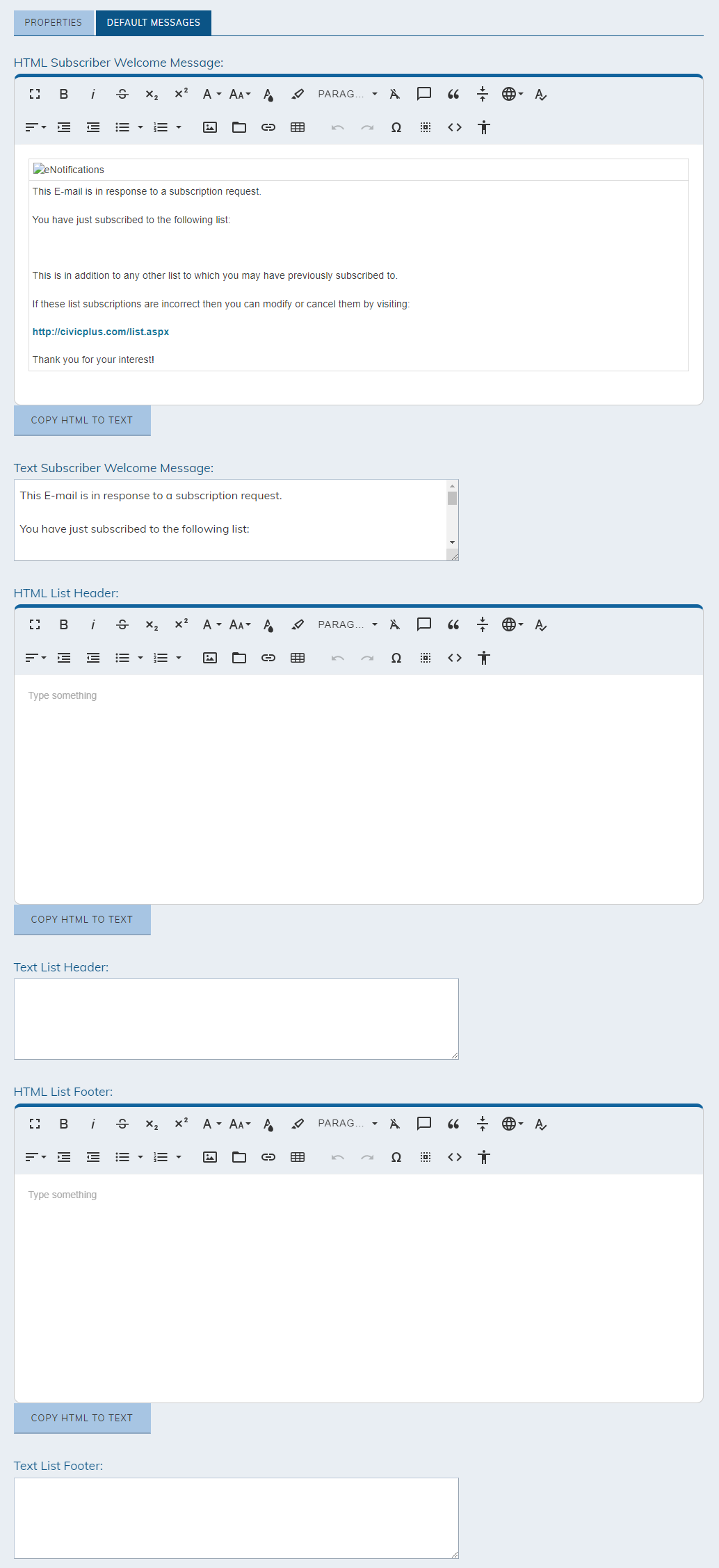 Default messages tab.