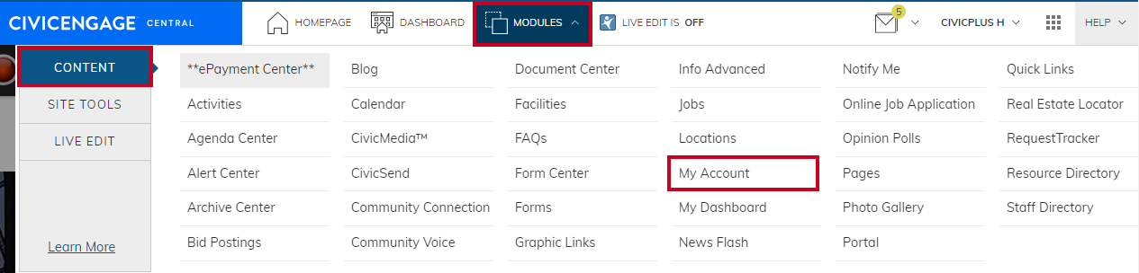 The My Account module in a list of module options.
