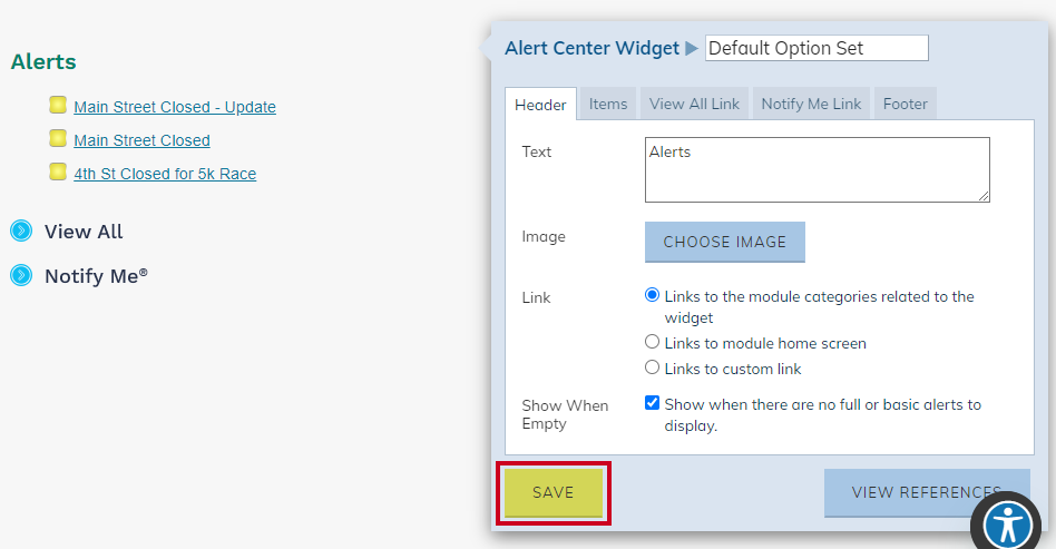 Web Central Design Center Widget Manager Alert Center Option Set Dialog Box Save Button.
