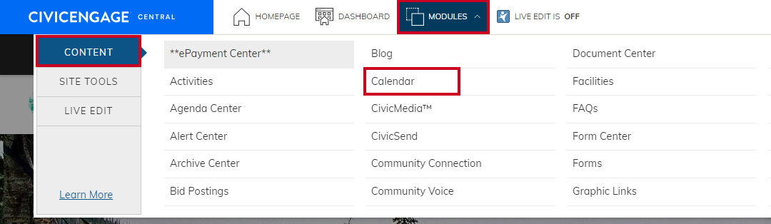 Web Central Modules menu with Calendar selected.