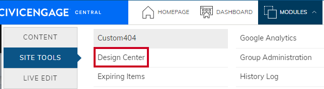 Web Central Modules Dropdown Site Tools Tab Design Center Option.