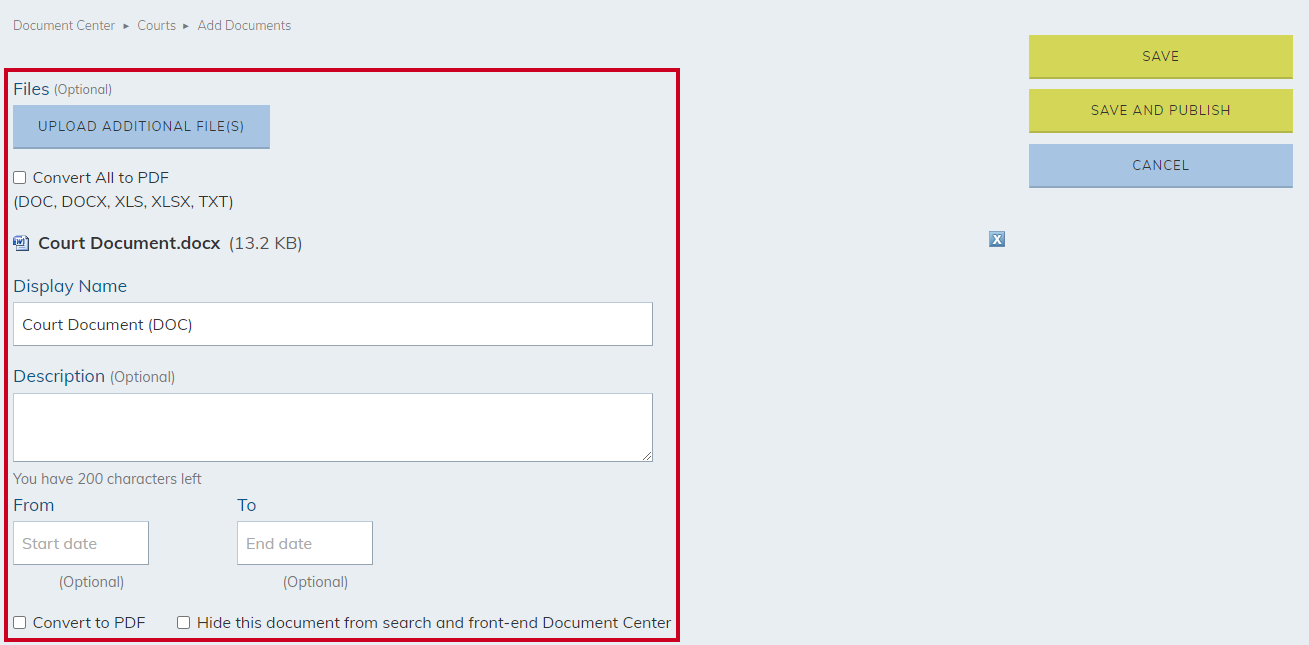 The text entry fields labeled Display Name and Description under the name of the document file.