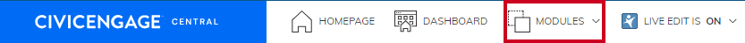 The dropdown menu labeled Modules, to the left of the Dashboard button.