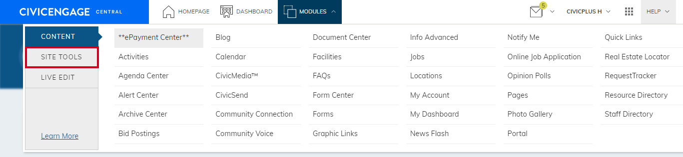 The tab lebeled Site Tools in the left-hand navigation menu.