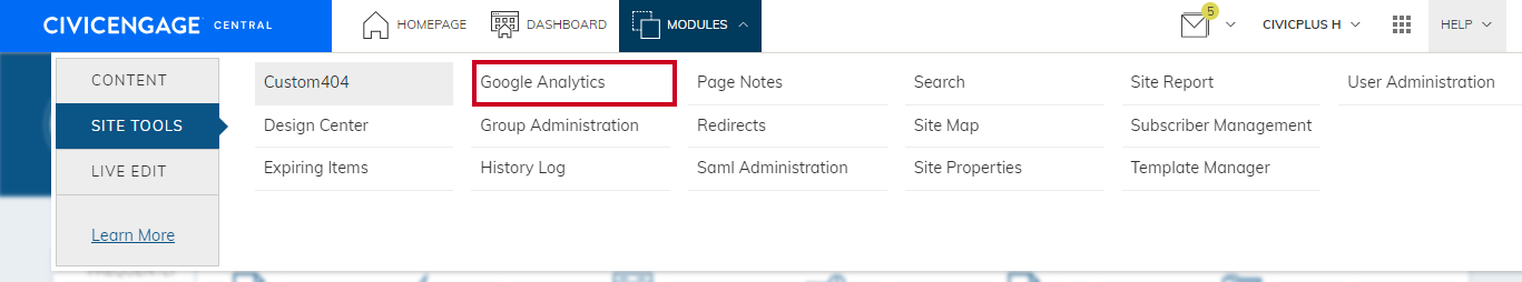 The button labeled Google Analytics in the alphabetical list.