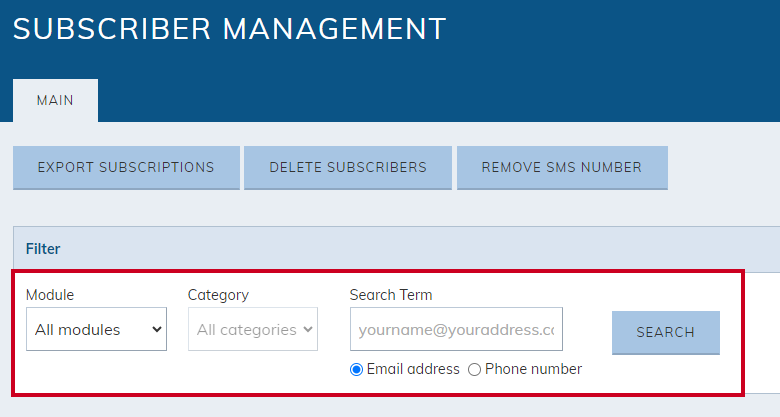 Filter the subscriber list by Module, Category, and Search term.
