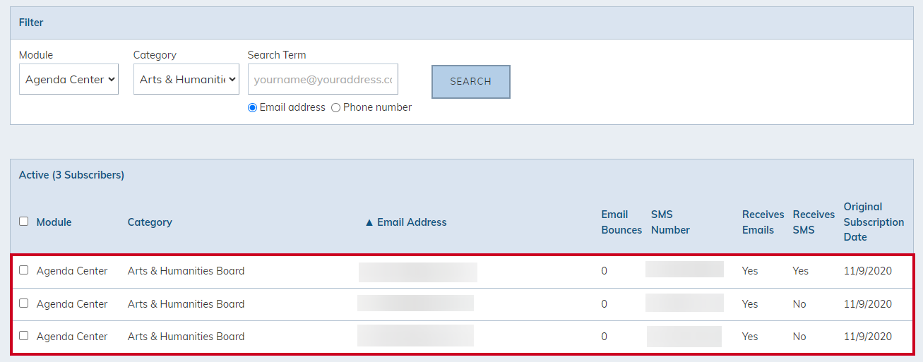 A list of the filtered subscriber results.