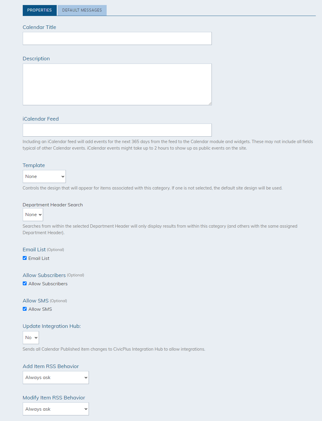 Calendar Category Fields.