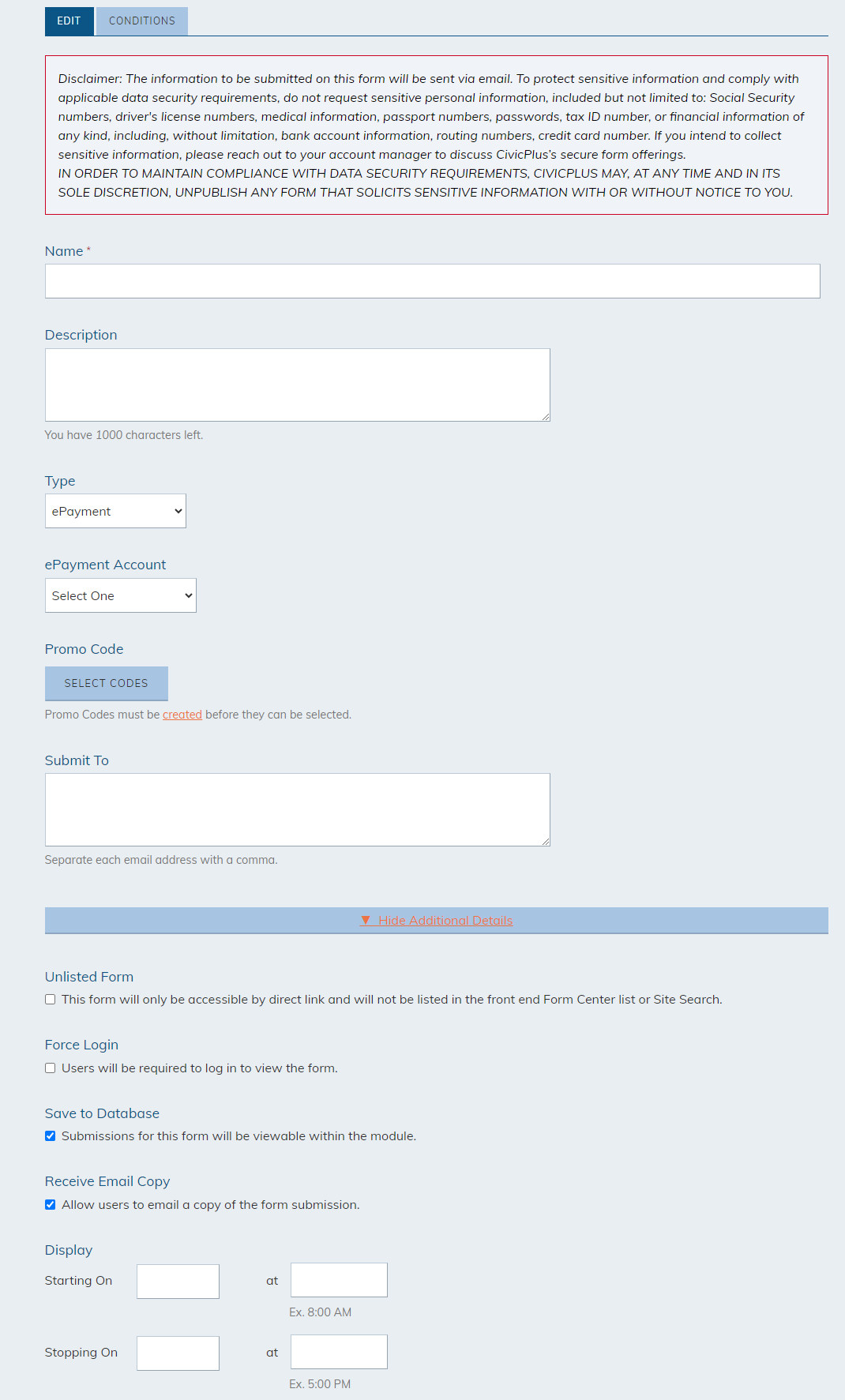 Form Center ePayment fields.