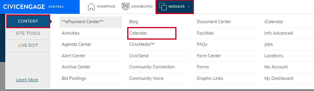 Web Central Modules menu with Calendar selected.