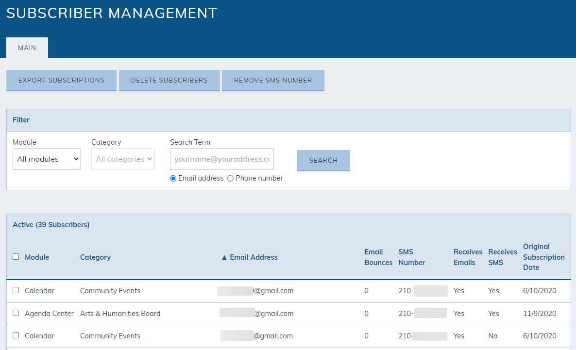 Subscriber Management page.