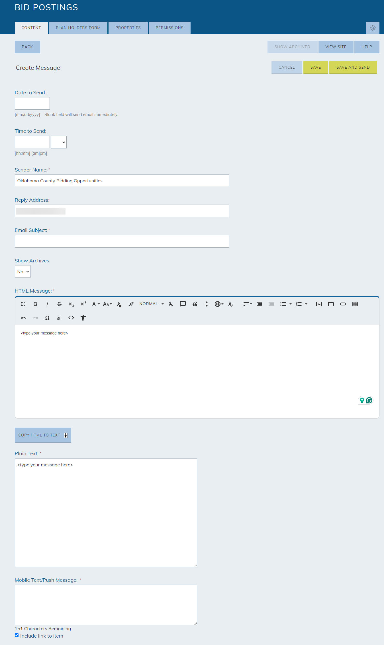 The informational fields for creating a message.