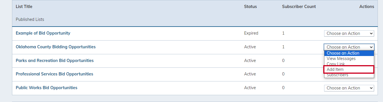 The Add Item option selected on the Choose an Action menu.