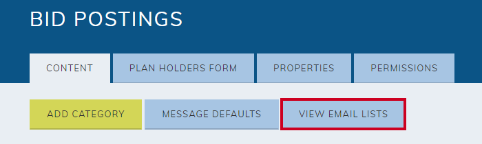 The View Email Lists button takes a user to an alphabetized list of Bid Postings' email lists.